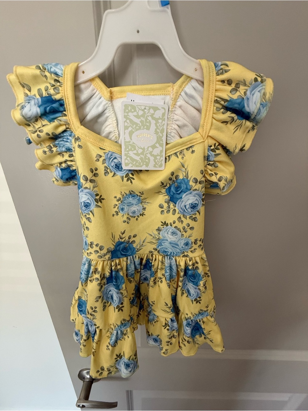 Yellow Floral Ruffle Dog Dress with Blue Rose Print